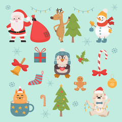 New Year celebration symbols and animals vector illustrations set
