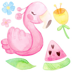 Cute cartoon illustration. Hand drawn watercolor. Set of tropical pink flamingos, watermelon, pineapple. The template is isolated on a white background.