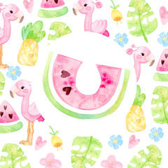 Cute cartoon illustration. Hand drawn watercolor. Round frame of tropical pink flamingos, watermelon, pineapple flowers. Template for postcard.