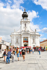 WADOWICE, POLAND - SEPTEMBER 14, 2019: Food trucks festival in front of the basilica at the market...