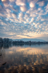 View of lake Pamvotis in Ioannina city at sunset. Greece.
