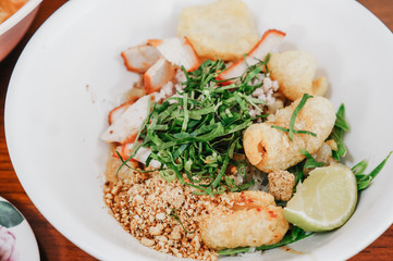 Noodle of Sukhothai style in Thailand. (Thai Food)Sukhothai noodles recipe has a sweet taste that is adapted to the popularity of northern Thailand.