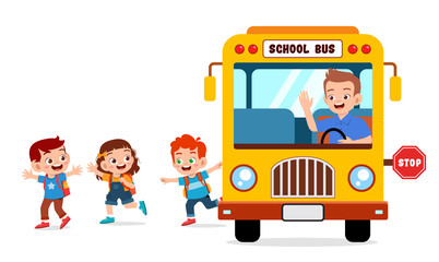 happy cute kids ride bus from school © Colorfuel Studio