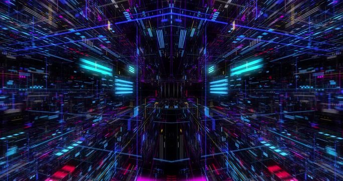 AI artificial intelligence and ML machine learning abstract concept, CPU GPU computing core with information streams. Data deep learning computer machine. Seamless loop, 3D render