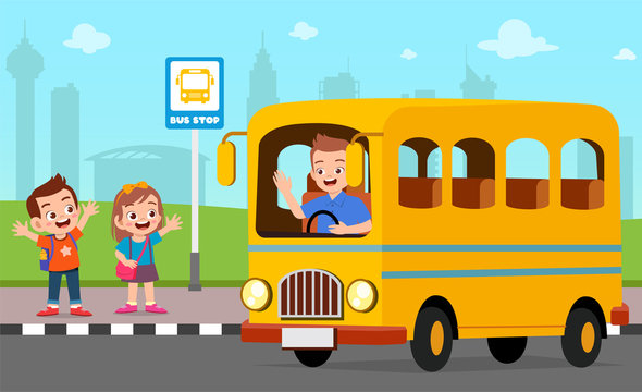 happy cute kids wait school bus with friends