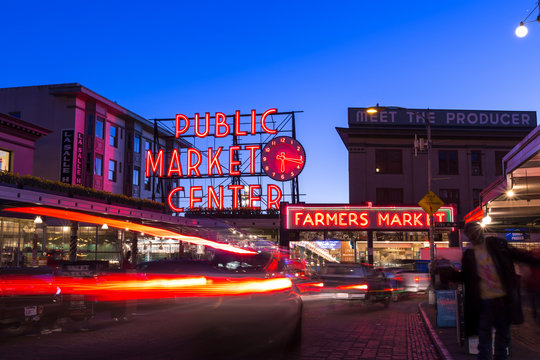 Public Market Center at twilight. It is an old continually operated public farmers' markets in the United States, long exposure technic for car light trails