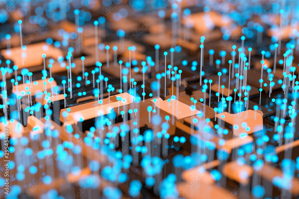 Poster circuit board with glowing cube and lines, 3d rendering.