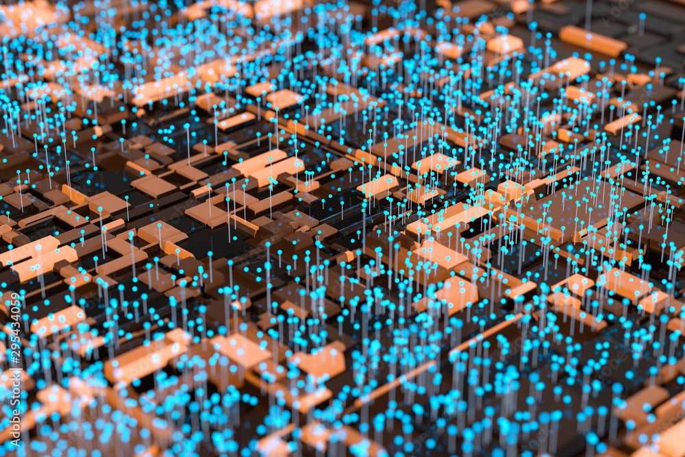 Poster circuit board with glowing cube and lines, 3d rendering.