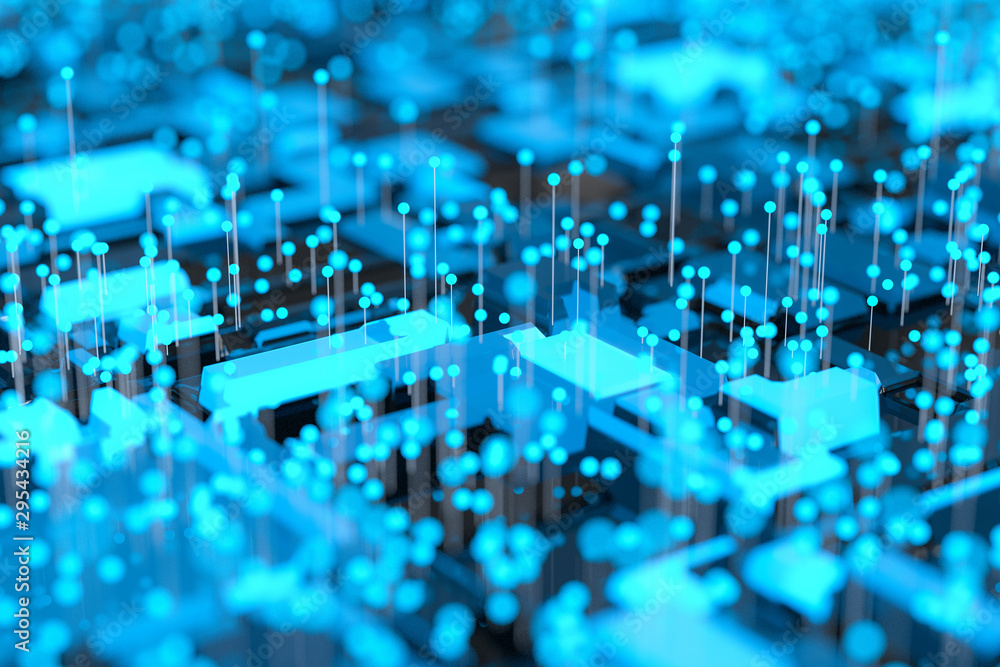 Poster circuit board with glowing cube and lines, 3d rendering.