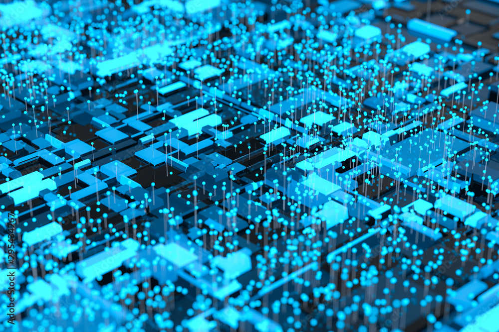 Poster circuit board with glowing cube and lines, 3d rendering.