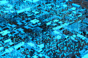 Circuit board with glowing cube and lines, 3d rendering.