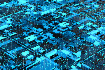 Circuit board with glowing cube and lines, 3d rendering.