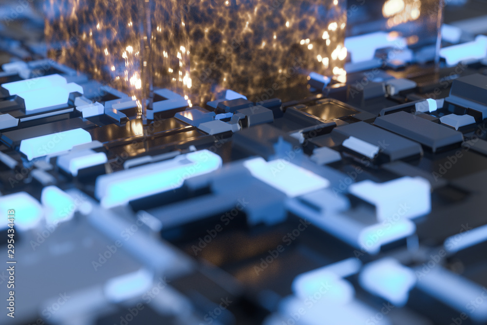 Poster circuit board with glowing cube and lines, 3d rendering.