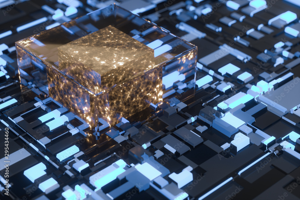 Poster circuit board with glowing cube and lines, 3d rendering.