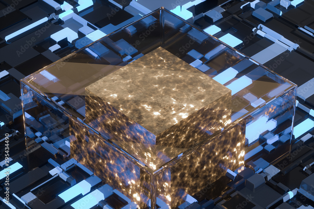 Poster circuit board with glowing cube and lines, 3d rendering.