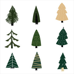 Obraz premium Set Christmas forest tree fir-tree icon. Simple doodles black white illustration in scandinavian style