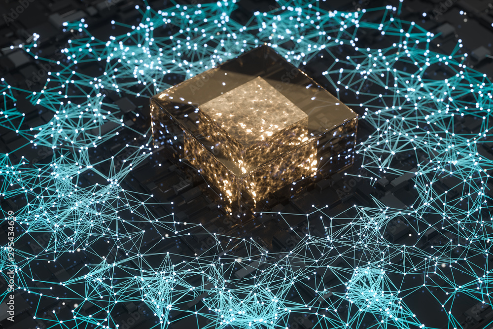 Poster circuit board with glowing cube and lines, 3d rendering.