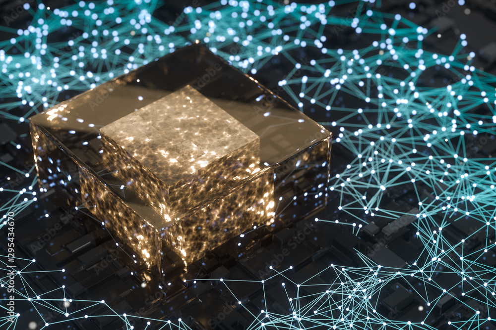Poster circuit board with glowing cube and lines, 3d rendering.