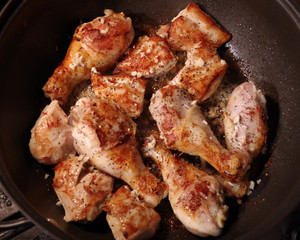 Pan with chicken parts being fried for a tasty dinner dish