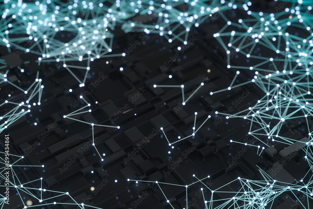 Poster circuit board with glowing cube and lines, 3d rendering.