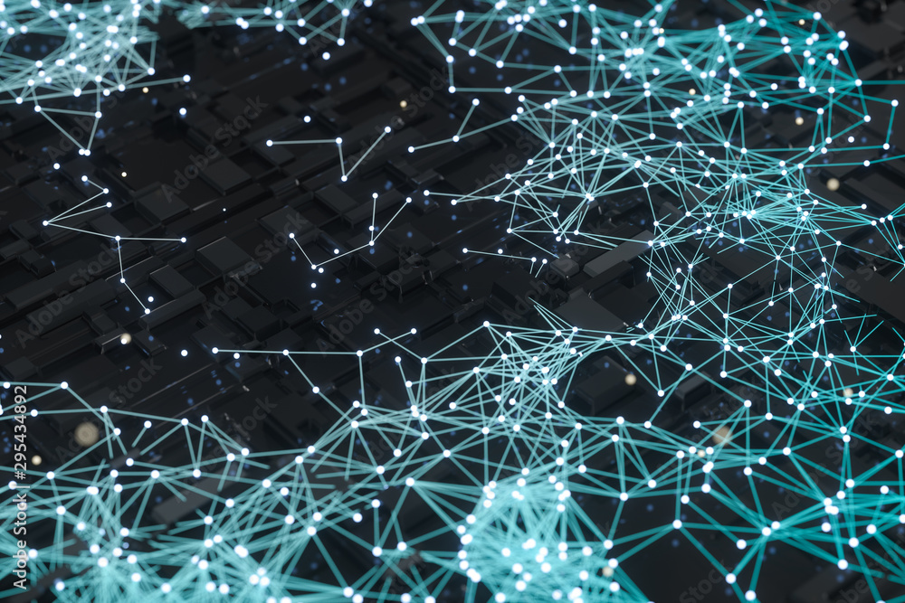 Poster circuit board with glowing cube and lines, 3d rendering.