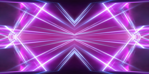 Empty stage background in purple color, spotlights, neon rays. Abstract background of neon lines and rays. Abstract background with lines and glow. Empty stage the reflection of neon lights