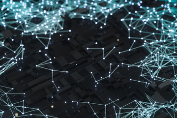 Circuit board with glowing cube and lines, 3d rendering.