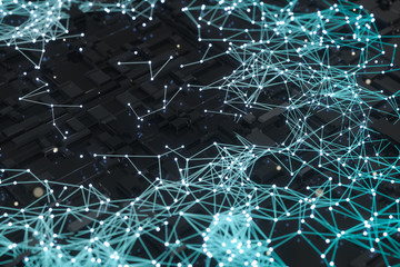 Circuit board with glowing cube and lines, 3d rendering.