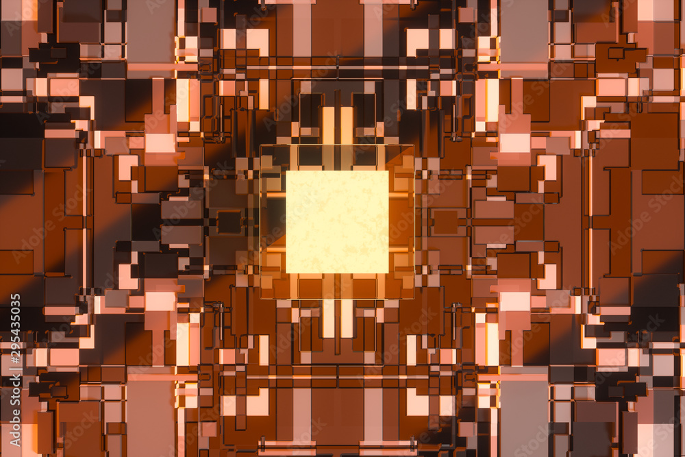 Poster circuit board with glowing cube and lines, 3d rendering.