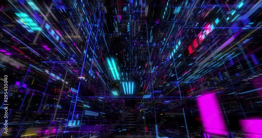 Poster seamless fly through of abstract circuitry with digital grid background, data deep learning computer