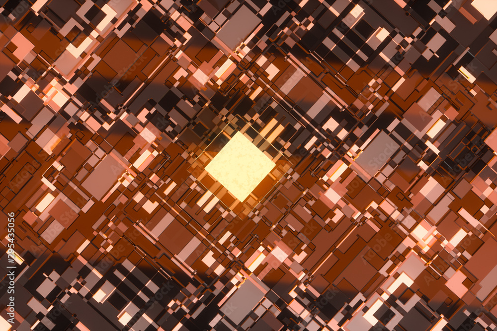 Poster circuit board with glowing cube and lines, 3d rendering.