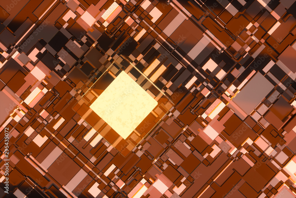 Poster circuit board with glowing cube and lines, 3d rendering.