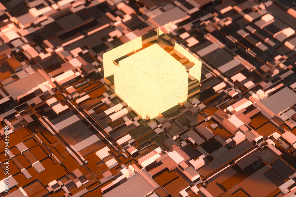 Poster circuit board with glowing cube and lines, 3d rendering.