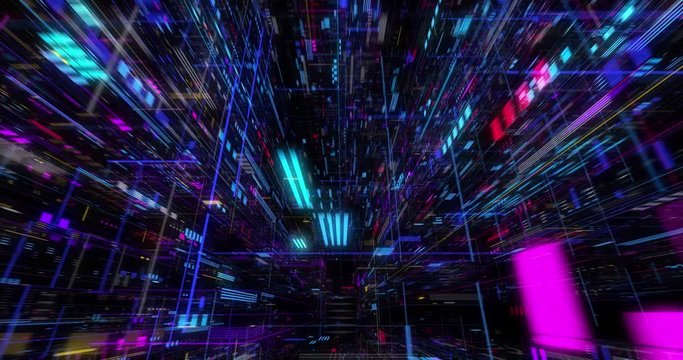 Seamless fly through of abstract circuitry with digital grid background, Data deep learning computer machine. AI artificial intelligence and ML machine learning concept. loop, 3D render