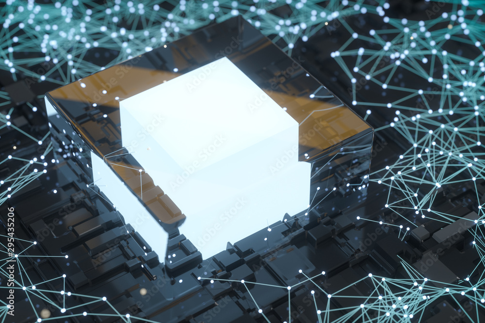 Poster circuit board with glowing cube and lines, 3d rendering.