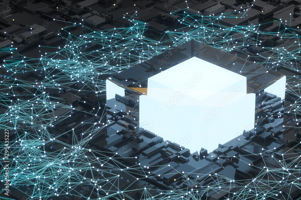 Poster circuit board with glowing cube and lines, 3d rendering.