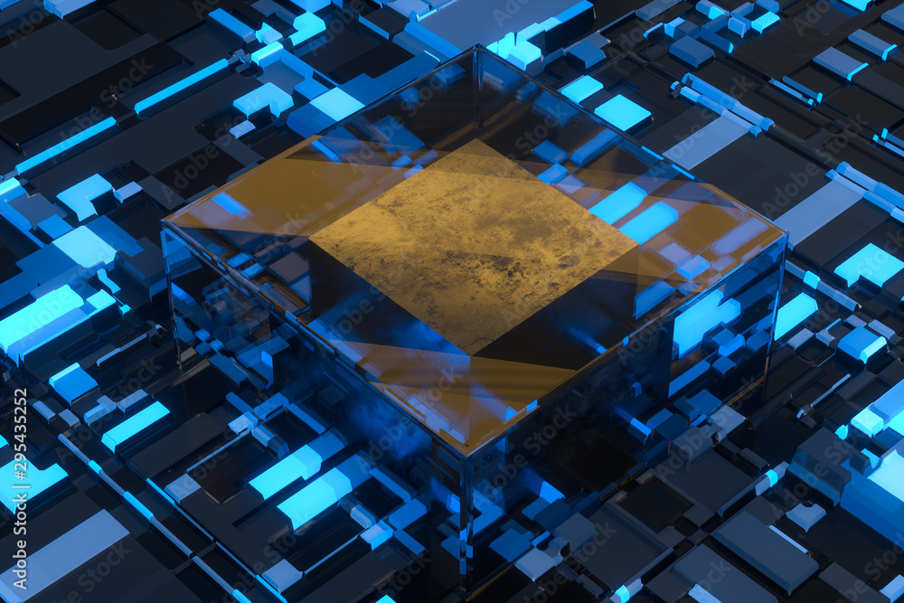Poster circuit board with glowing cube and lines, 3d rendering.