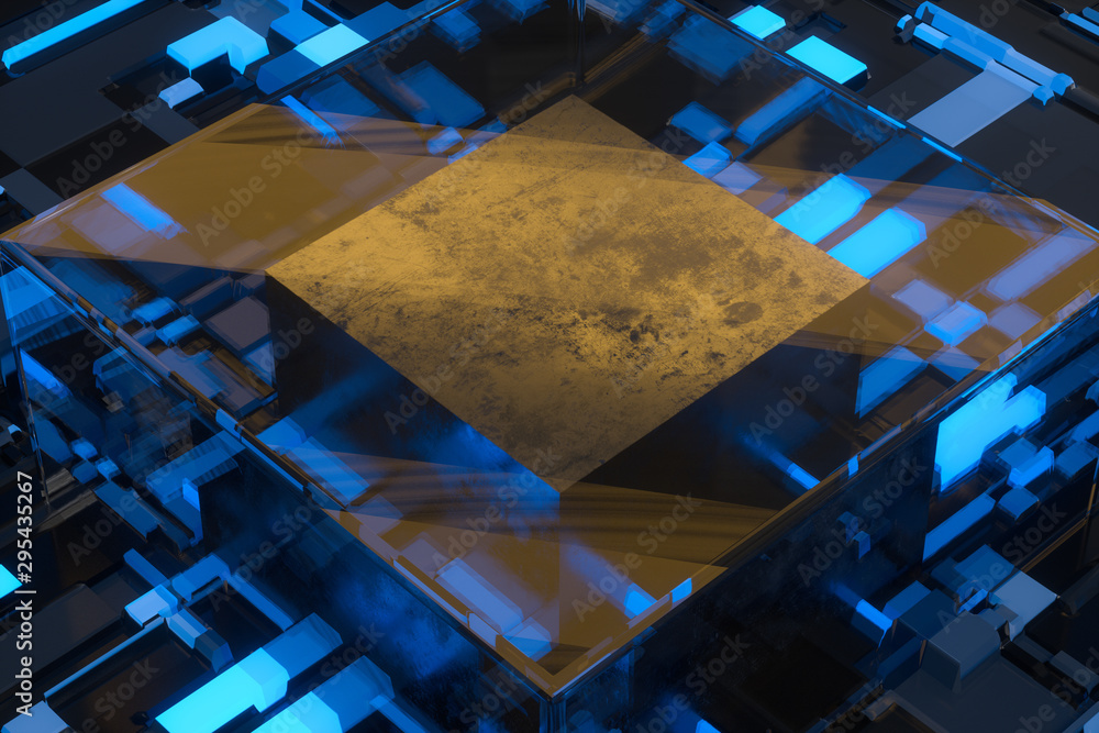 Poster circuit board with glowing cube and lines, 3d rendering.