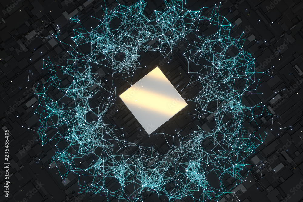 Poster circuit board with glowing cube and lines, 3d rendering.