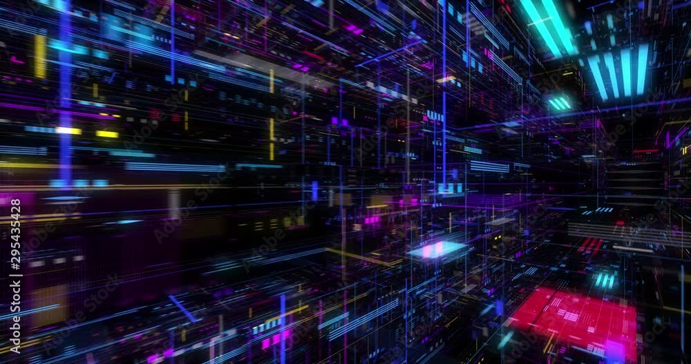 Poster seamless fly through of abstract circuitry with digital grid background, data deep learning computer