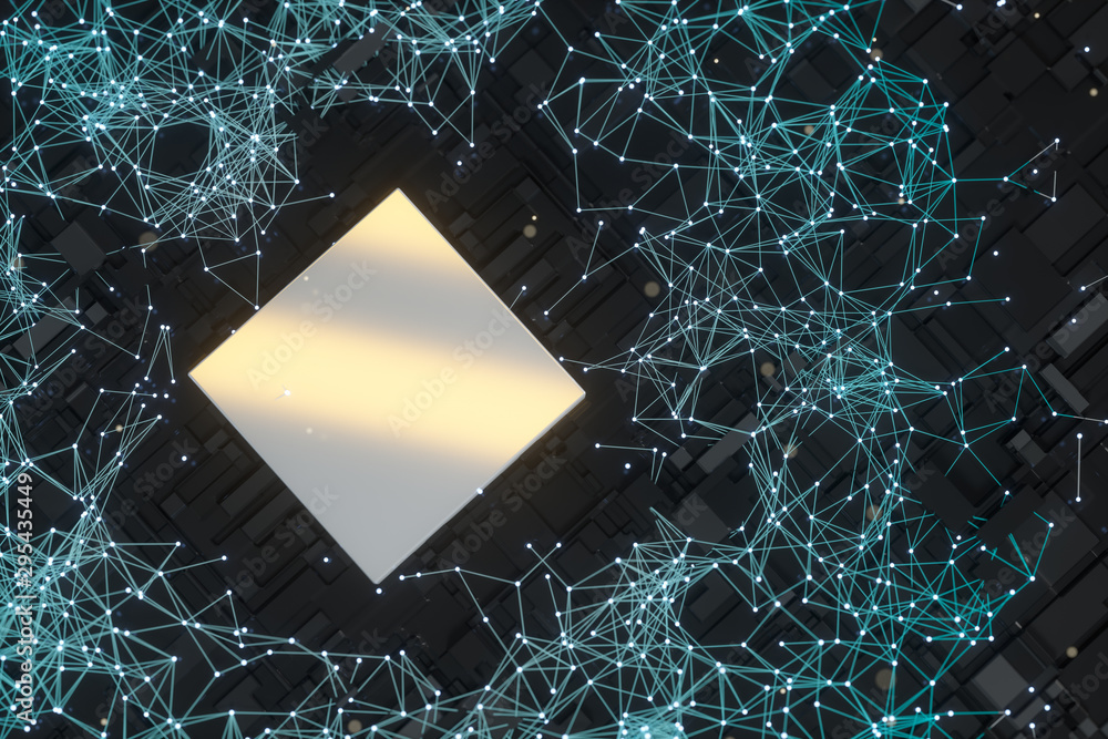 Poster circuit board with glowing cube and lines, 3d rendering.
