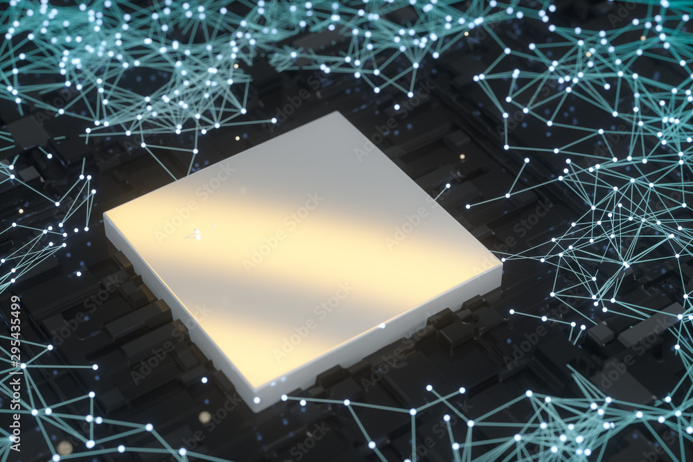 Poster circuit board with glowing cube and lines, 3d rendering.
