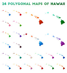 Set of vector polygonal maps of Hawaii. Bright gradient map of island in low poly style. Multicolored Hawaii map in geometric style for your infographics.