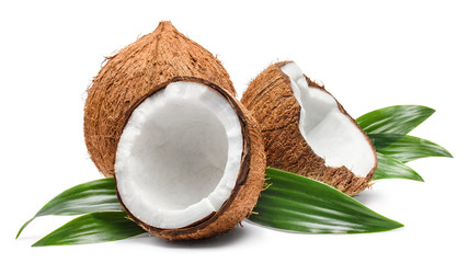 Delicious coconuts with leaves, isolated on white background