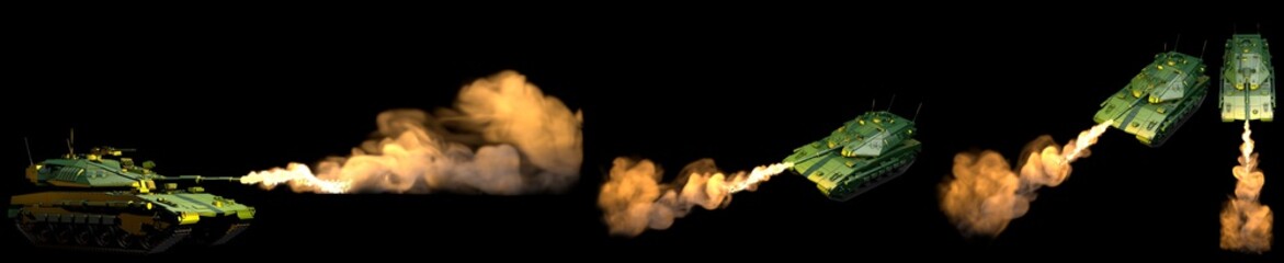 Military 3D Illustration of isolated forest colored heavy tank with design that not exists attacking, detailed military concept on black