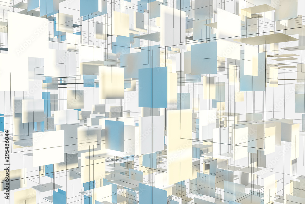 Poster a three-dimensional space composed of square planes, 3d rendering.