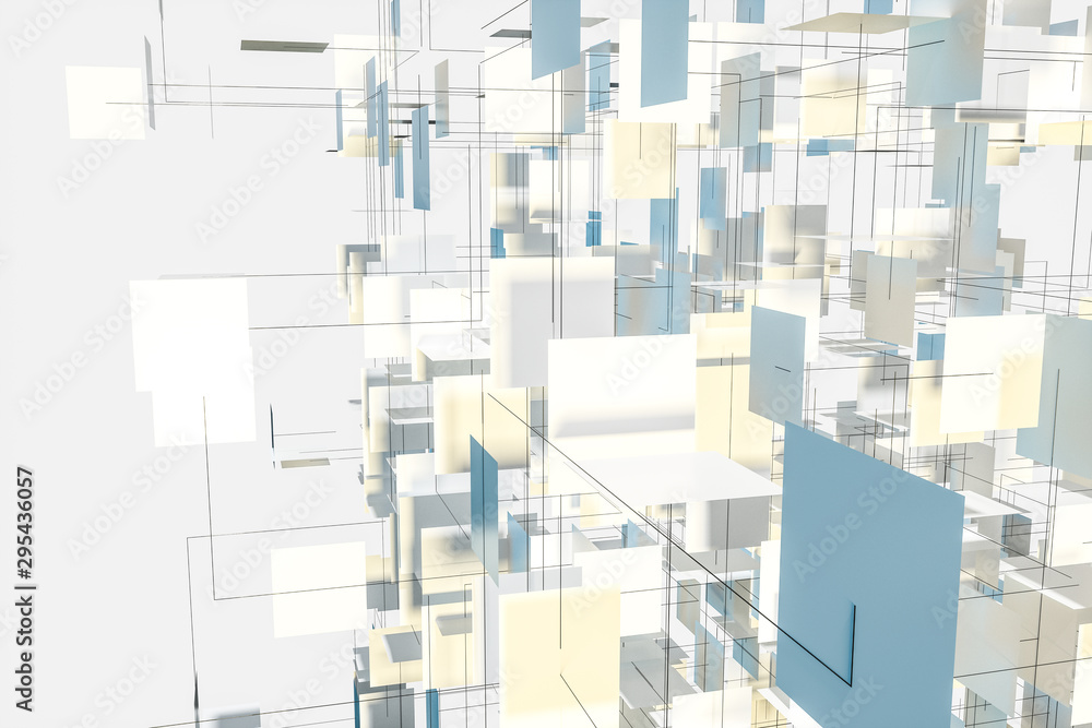 Poster a three-dimensional space composed of square planes, 3d rendering.
