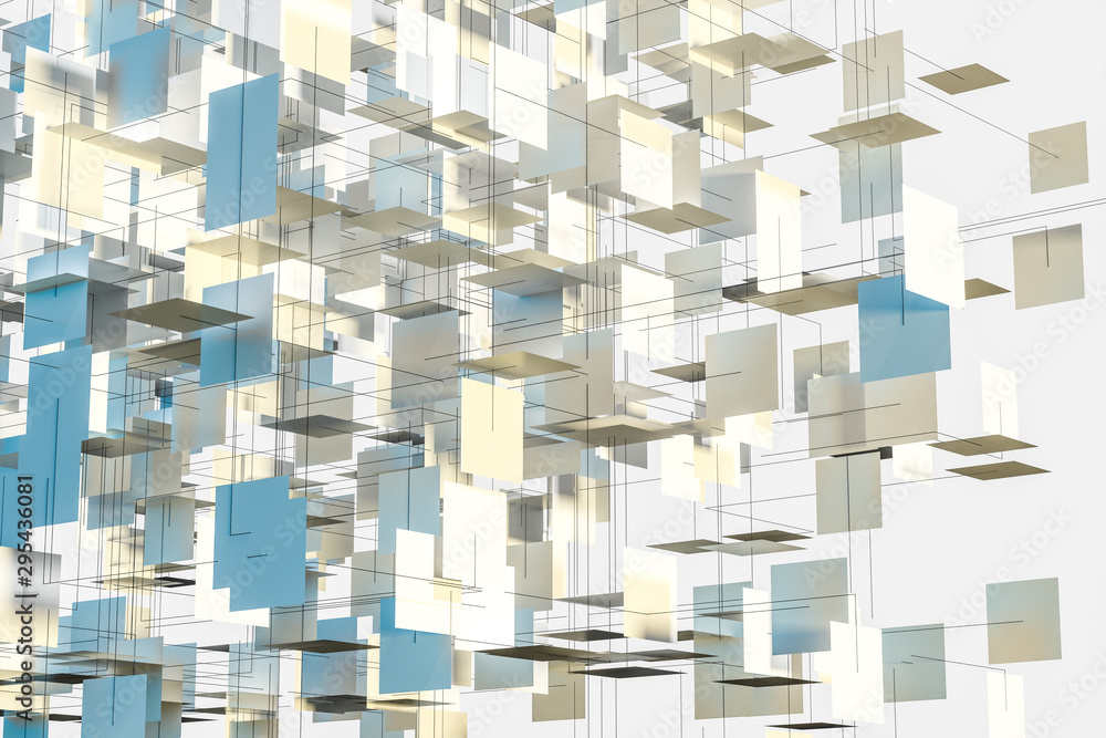 Poster a three-dimensional space composed of square planes, 3d rendering.