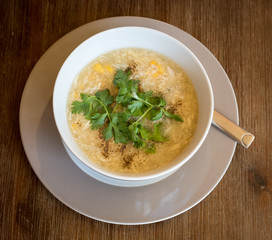 Asian crab meat soup with chicken, egg and corn.