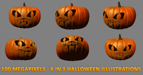 cat face carved on Halloween pumpkins - 6 high resolution isolated images, large scale 3D illustration of objects